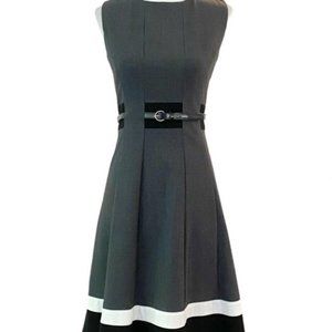 Gray-Black Sleeveless Round Neck Fit-Flare Belted Work/Office Dress